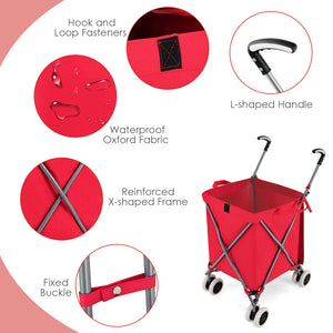 Folding Shopping Utility Cart with Water-Resistant Removable Canvas Bag-Red