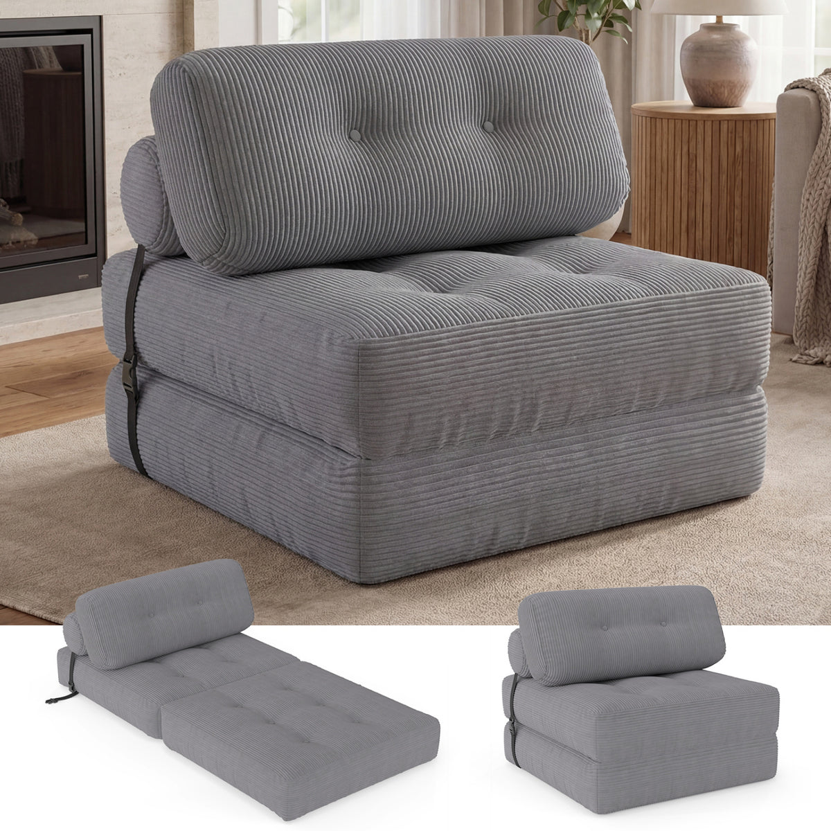 Folding Sofa Bed with Pillow and Back Support for Living Room-Gray