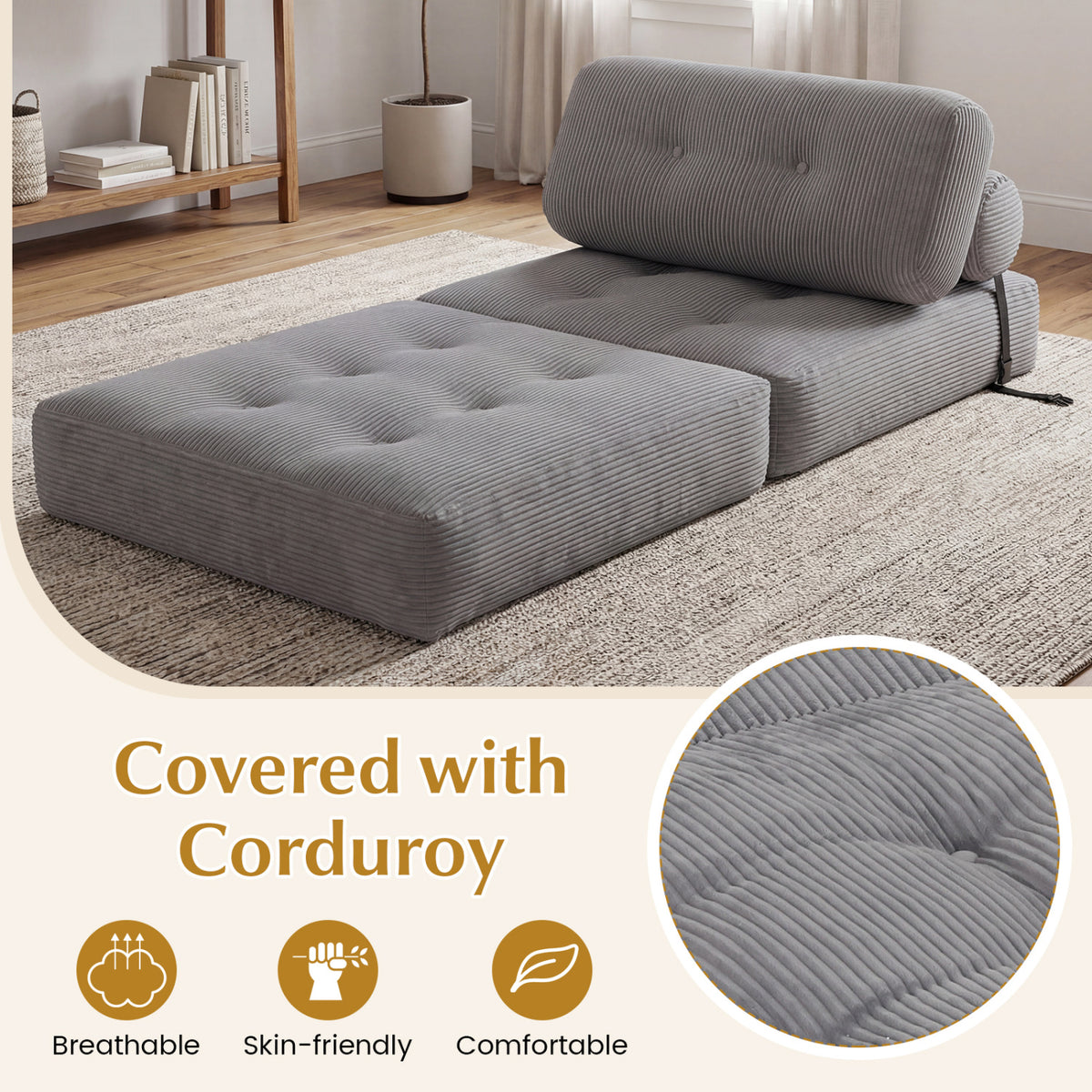 Folding Sofa Bed with Pillow and Back Support for Living Room-Gray