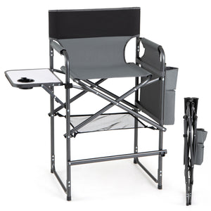 Folding Tall Director Chair 26 Inch Seat Height Portable Camping Chair with Side Table-Gray