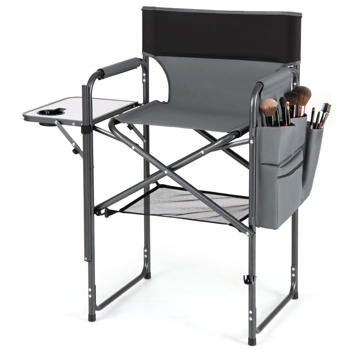 Folding Tall Director Chair 26 Inch Seat Height Portable Camping Chair with Side Table-Gray