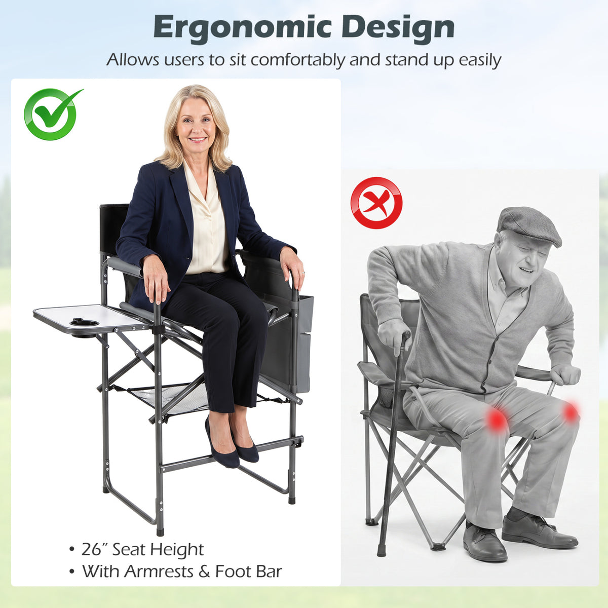 Folding Tall Director Chair 26 Inch Seat Height Portable Camping Chair with Side Table-Gray