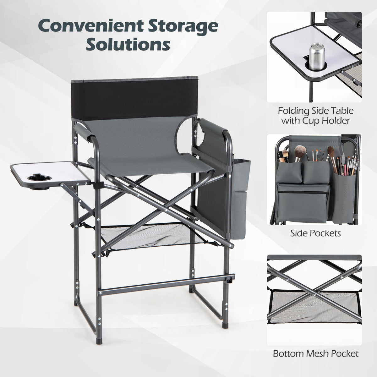 Folding Tall Director Chair 26 Inch Seat Height Portable Camping Chair with Side Table-Gray