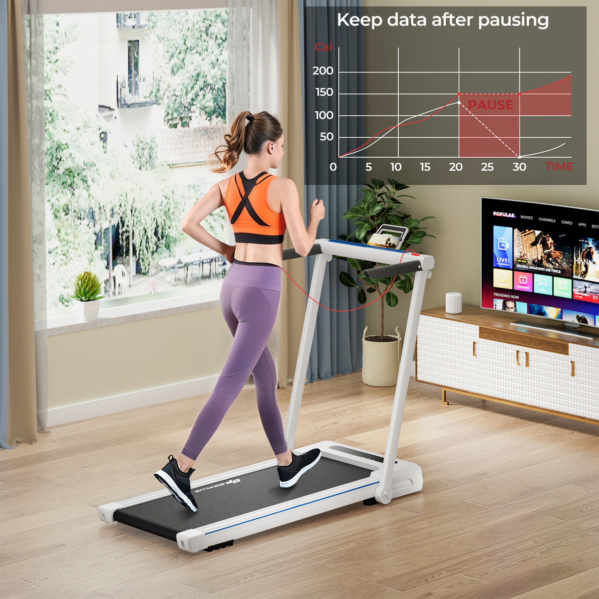 3-in-1 Folding Treadmill with Large Desk and LCD Display-White