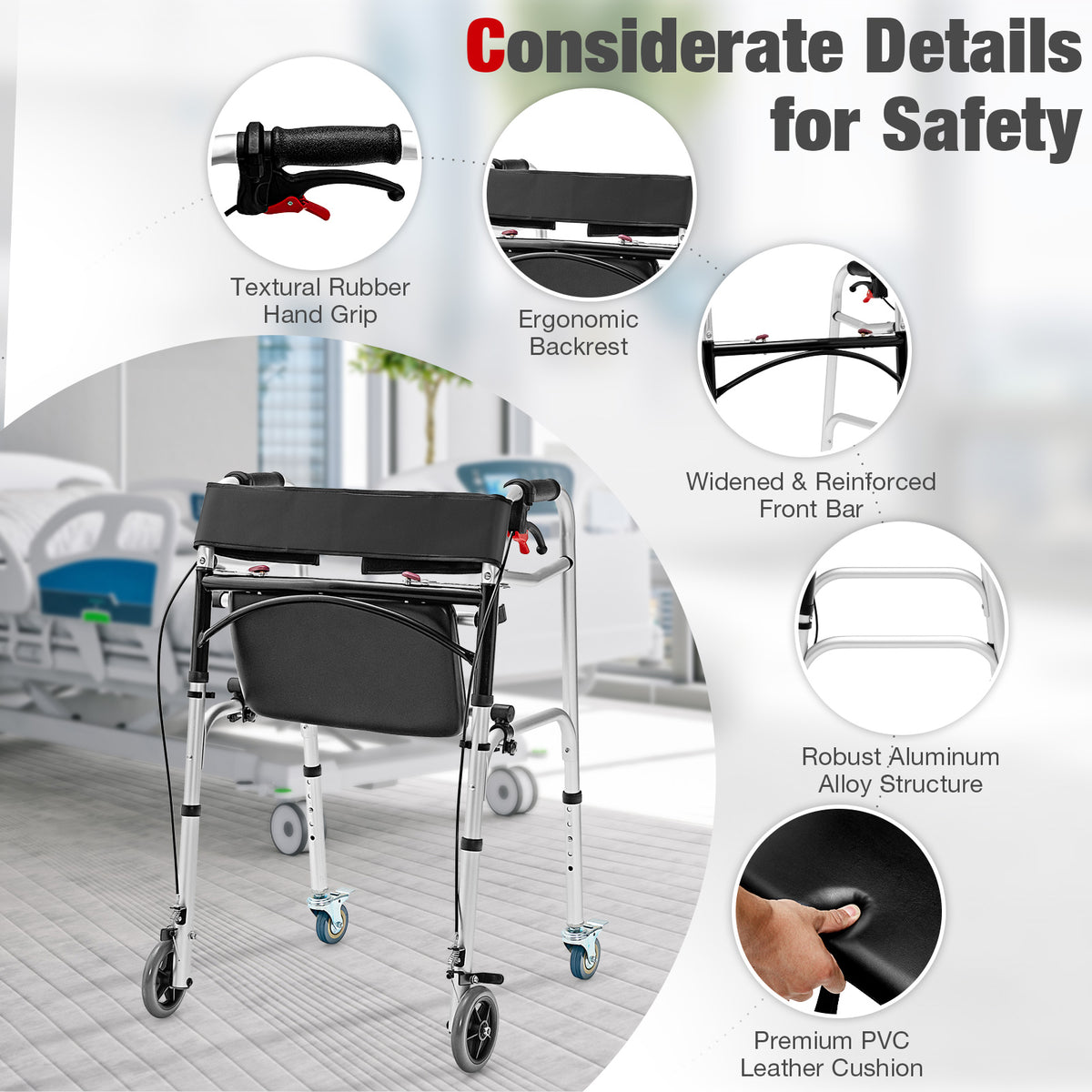 Height Adjustable Aluminum Walker with Rolling Wheels and Brakes