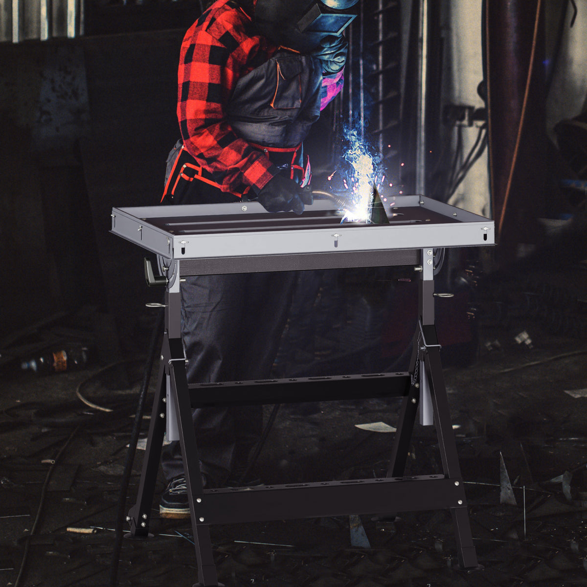 Folding Welding Table Welding Workbench with 2 Fixed Wheels 4-Level Height-Black