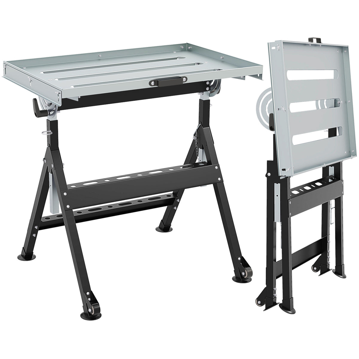 Folding Welding Table Welding Workbench with 2 Fixed Wheels 4-Level Height-Black