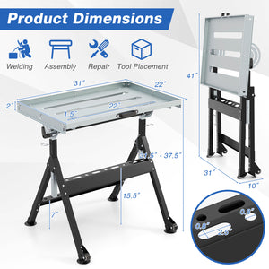 Folding Welding Table Welding Workbench with 2 Fixed Wheels 4-Level Height-Black