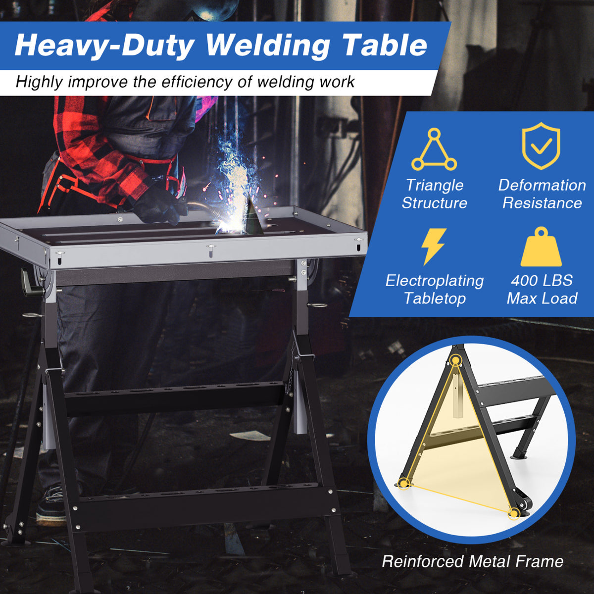 Folding Welding Table Welding Workbench with 2 Fixed Wheels 4-Level Height-Black