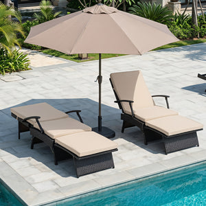 Folding Wicker Chaise Lounge with Slide-Out Ottoman11-Level Adjustable Backrest to Flat and Sun-Proof PE Rattan-Brown