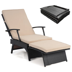 Folding Wicker Chaise Lounge with Slide-Out Ottoman11-Level Adjustable Backrest to Flat and Sun-Proof PE Rattan-Brown