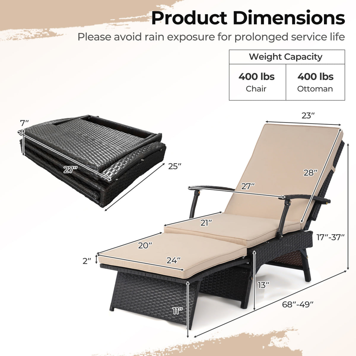 Folding Wicker Chaise Lounge with Slide-Out Ottoman11-Level Adjustable Backrest to Flat and Sun-Proof PE Rattan-Brown