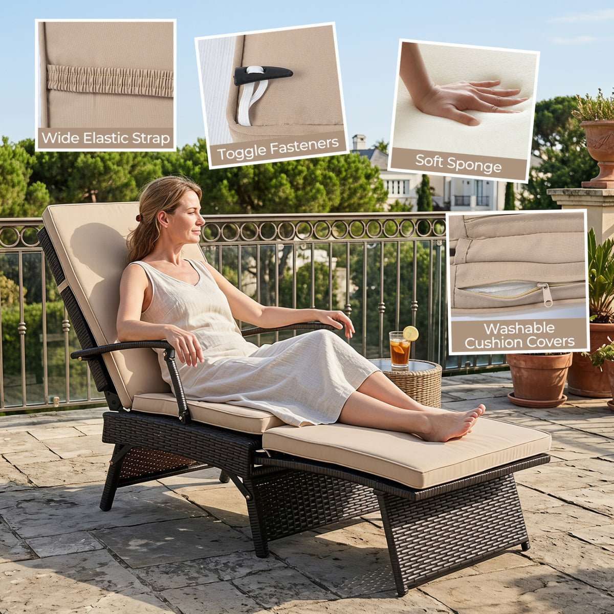 Folding Wicker Chaise Lounge with Slide-Out Ottoman11-Level Adjustable Backrest to Flat and Sun-Proof PE Rattan-Brown