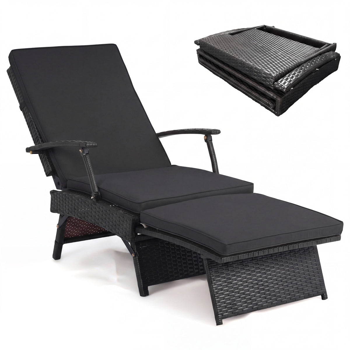 Folding Wicker Chaise Lounge with Slide-Out Ottoman11-Level Adjustable Backrest to Flat and Sun-Proof PE Rattan-Black