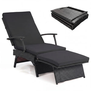 Folding Wicker Chaise Lounge with Slide-Out Ottoman11-Level Adjustable Backrest to Flat and Sun-Proof PE Rattan-Black
