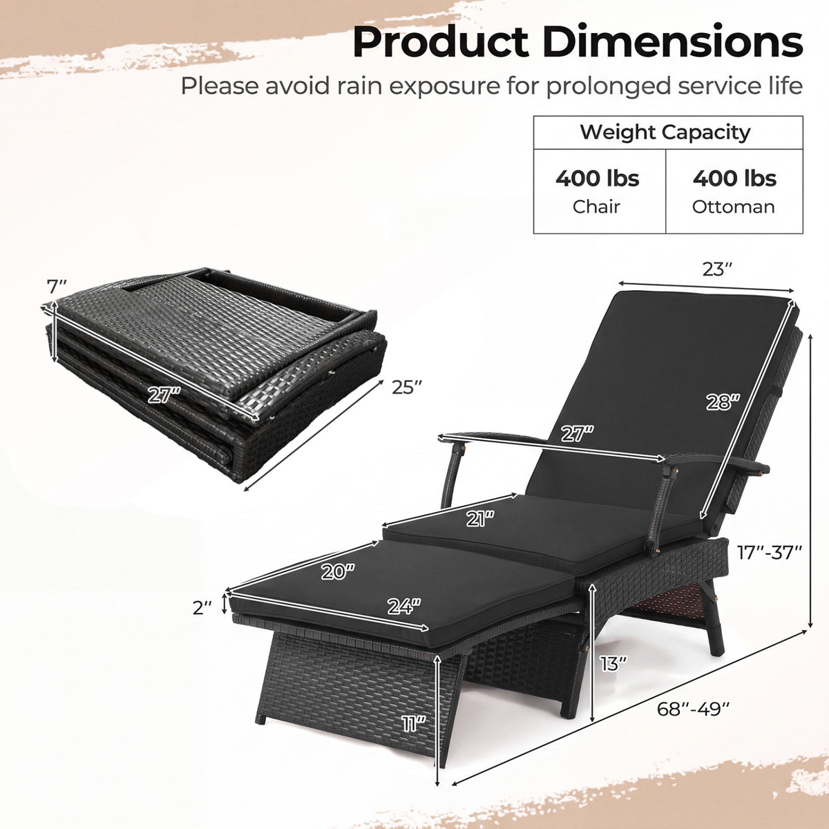 Folding Wicker Chaise Lounge with Slide-Out Ottoman11-Level Adjustable Backrest to Flat and Sun-Proof PE Rattan-Black