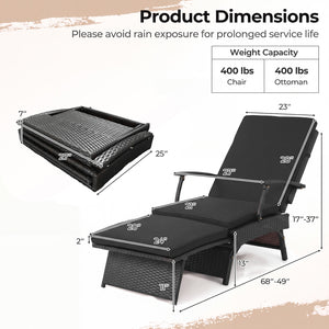 Folding Wicker Chaise Lounge with Slide-Out Ottoman11-Level Adjustable Backrest to Flat and Sun-Proof PE Rattan-Black