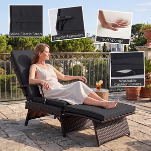 Folding Wicker Chaise Lounge with Slide-Out Ottoman11-Level Adjustable Backrest to Flat and Sun-Proof PE Rattan-Black