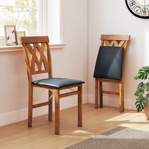 Folding Wooden Dining Chair Set of 2 Faux Leather Upholstered Kitchen Armless Chairs-Walnut