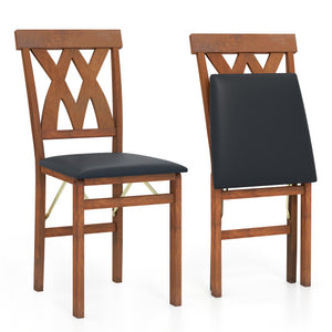 Folding Wooden Dining Chair Set of 2 Faux Leather Upholstered Kitchen Armless Chairs-Walnut