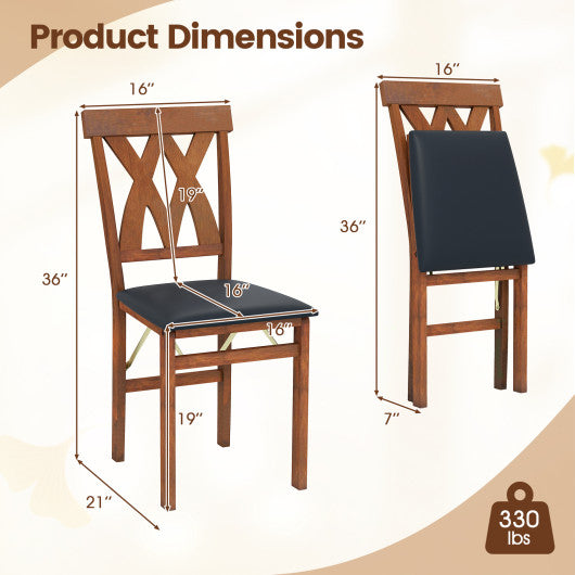 Folding Wooden Dining Chair Set of 2 Faux Leather Upholstered Kitchen Armless Chairs-Walnut