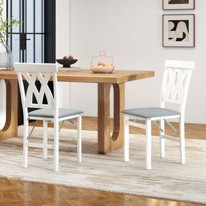 Folding Wooden Dining Chair Set of 2 Faux Leather Upholstered Kitchen Armless Chairs-White