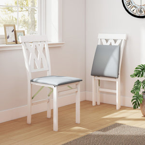 Folding Wooden Dining Chair Set of 2 Faux Leather Upholstered Kitchen Armless Chairs-White
