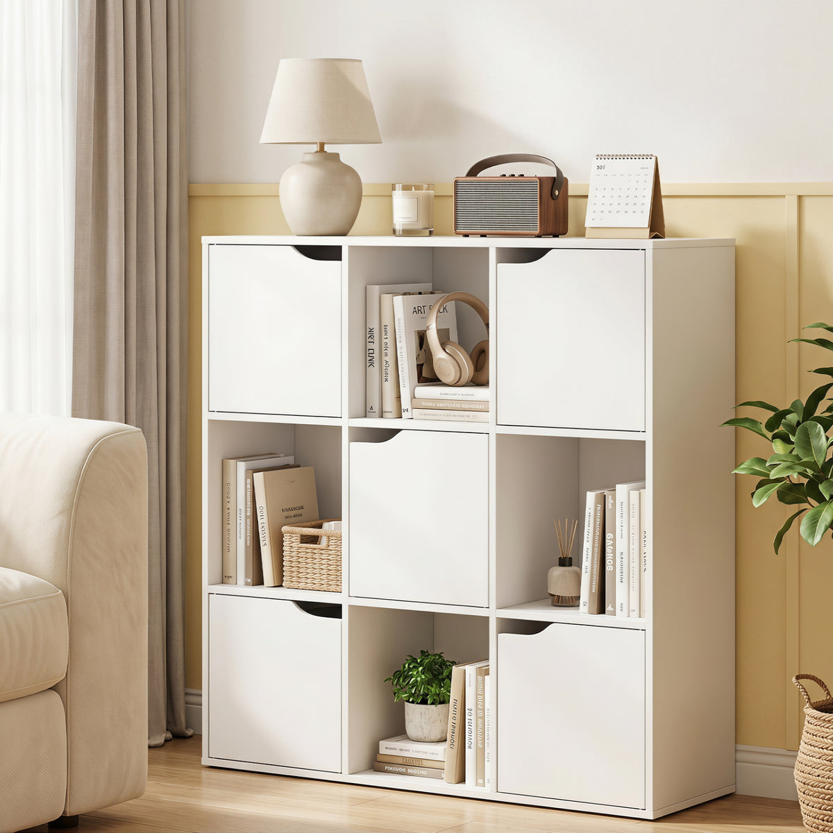 Free Standing 9 Cube Storage Wood Divider Bookcase for Home and Office-White