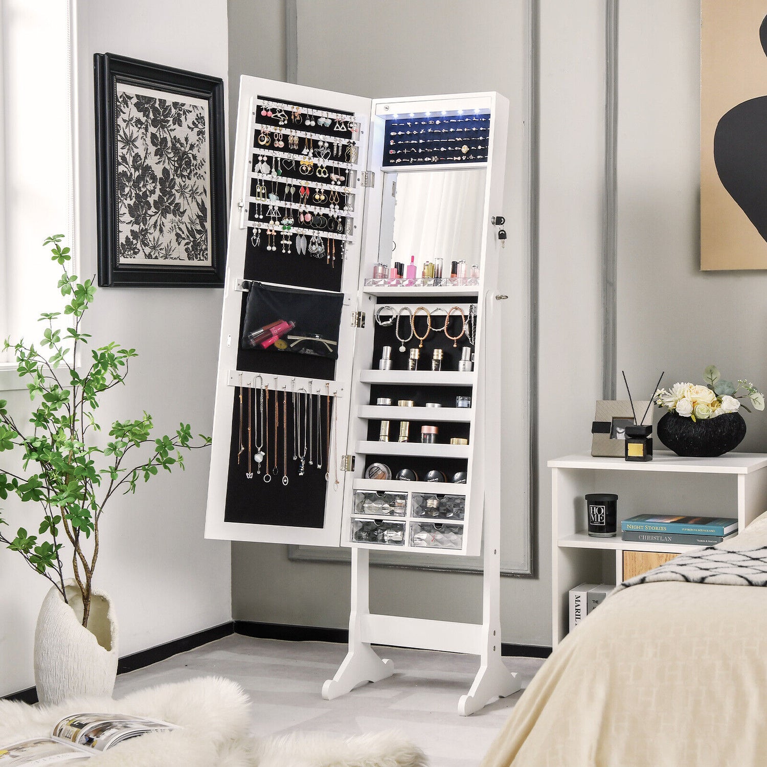 Free Standing Full Length Jewelry Armoire with LED Lights-White