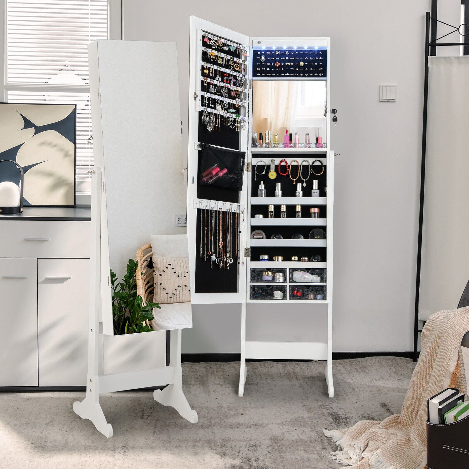 Free Standing Full Length Jewelry Armoire with LED Lights-White