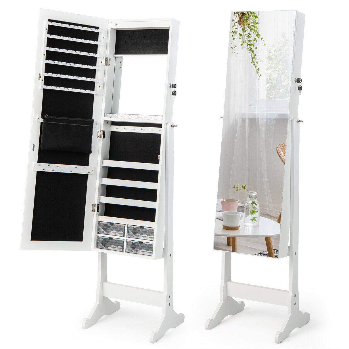 Free Standing Full Length Jewelry Armoire with LED Lights-White