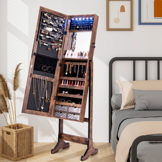 Free Standing Full Length Jewelry Armoire with Lights-Rustic Brown