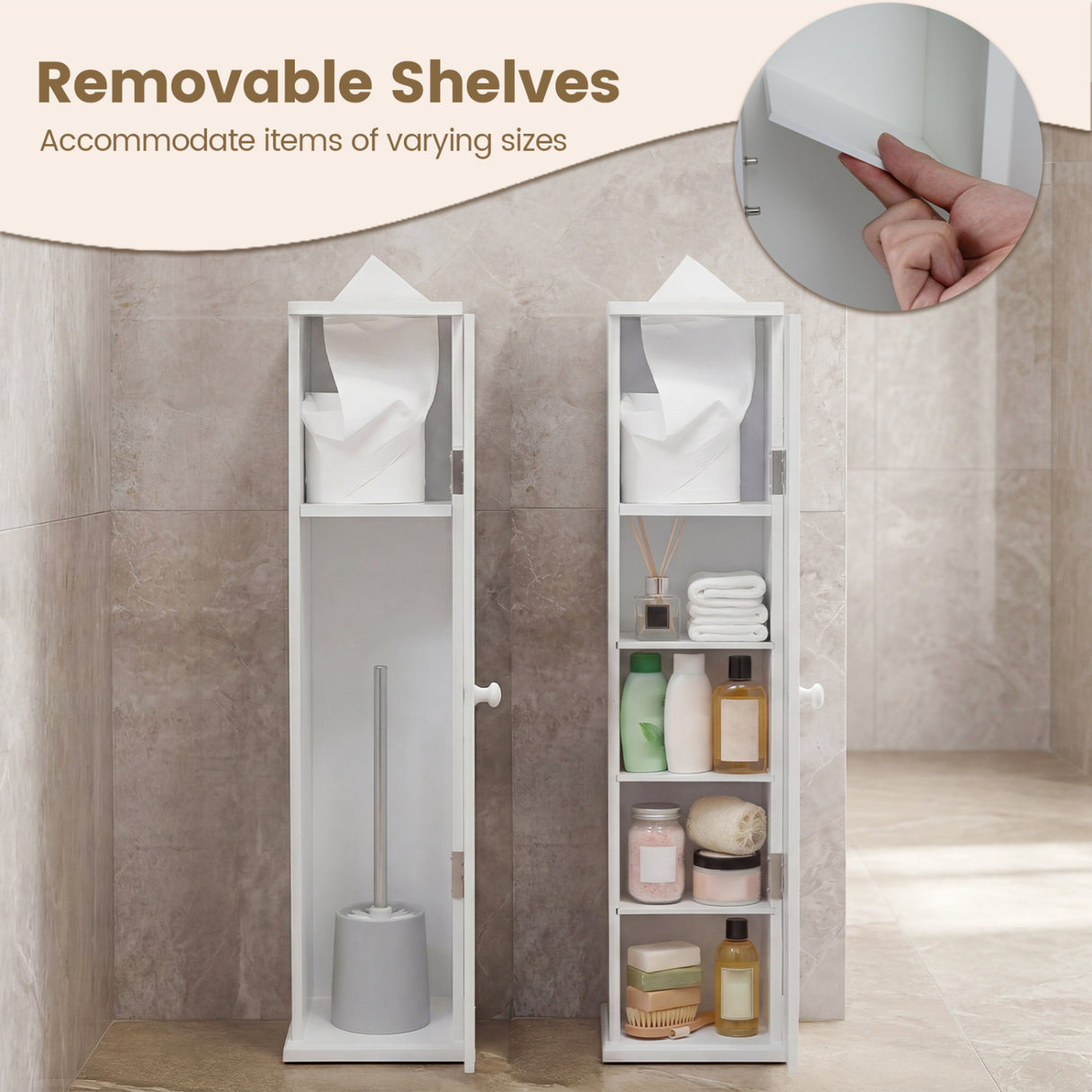 Free Standing Toilet Paper Holder with 4 Shelves and Top Slot for Bathroom-White