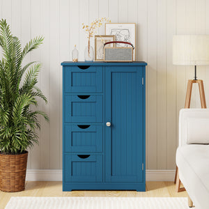 Free-Standing Wooden Cabinet with 4 Drawers and Door Cabinet-Blue