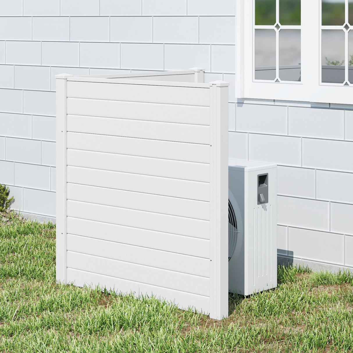 Freestanding 48 x 48 Inch Air Conditioner Fence with Metal Ground Stakes-White