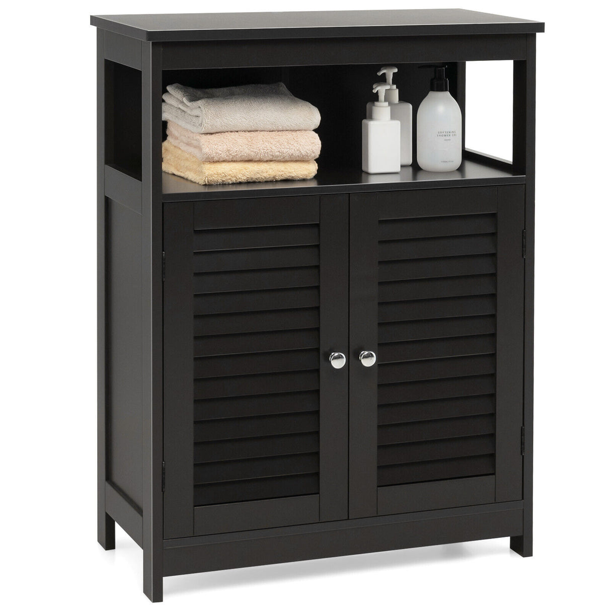 Wood Freestanding Bathroom Storage Cabinet with Double Shutter Door-White