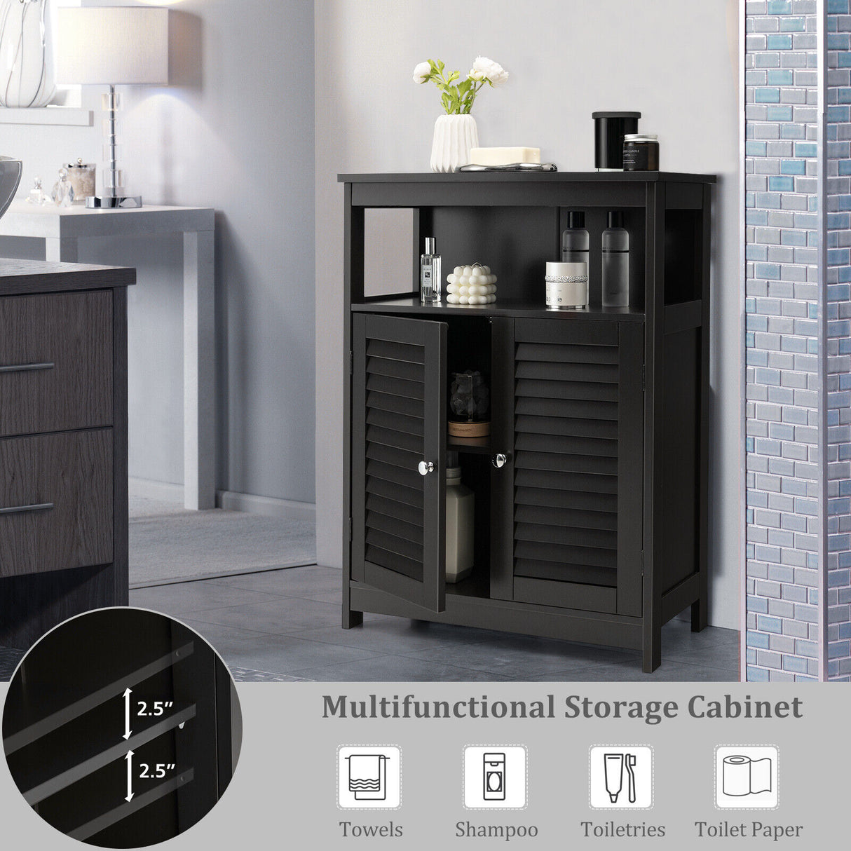 Wood Freestanding Bathroom Storage Cabinet with Double Shutter Door-White