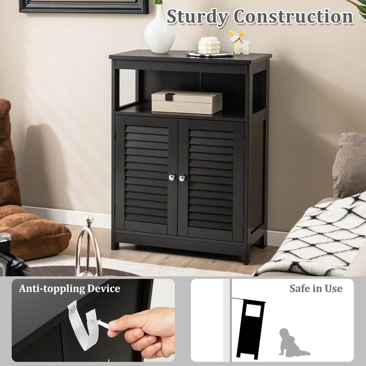 Wood Freestanding Bathroom Storage Cabinet with Double Shutter Door-White