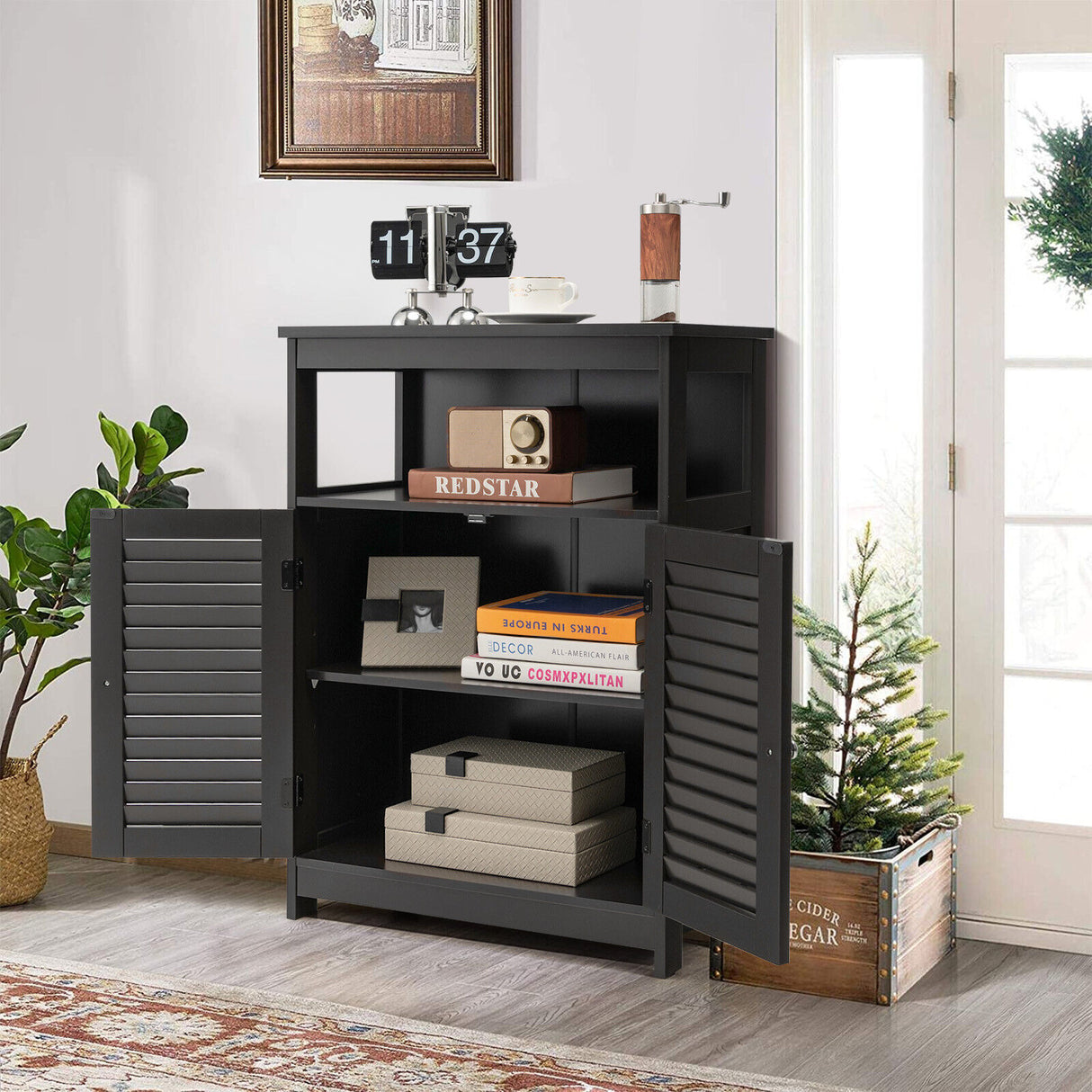 Wood Freestanding Bathroom Storage Cabinet with Double Shutter Door-White