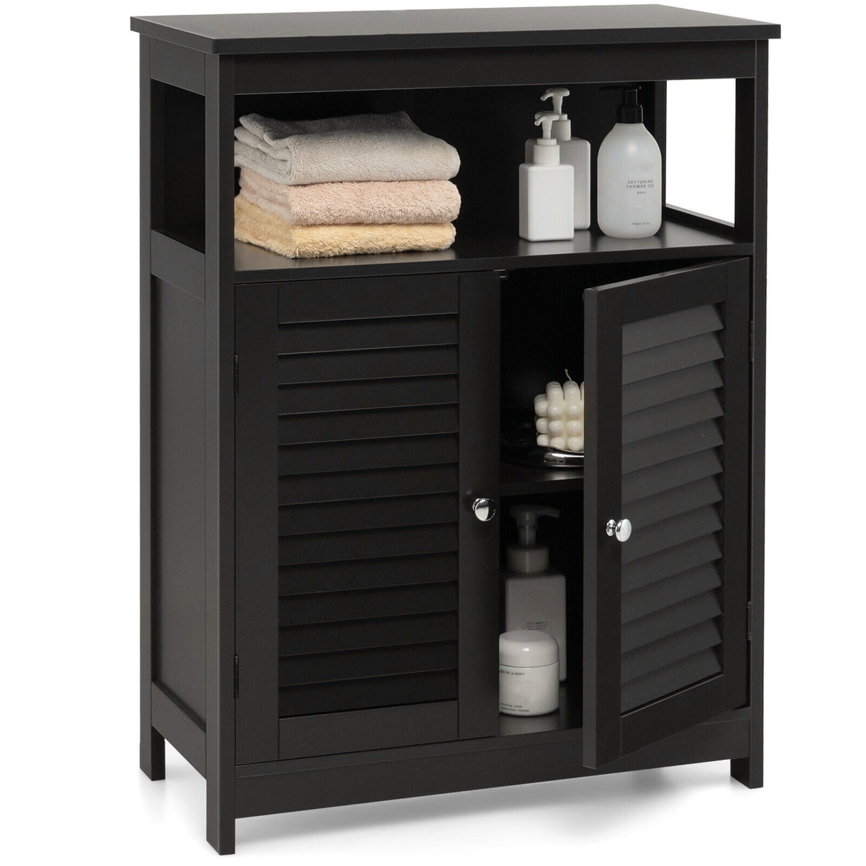 Wood Freestanding Bathroom Storage Cabinet with Double Shutter Door-White