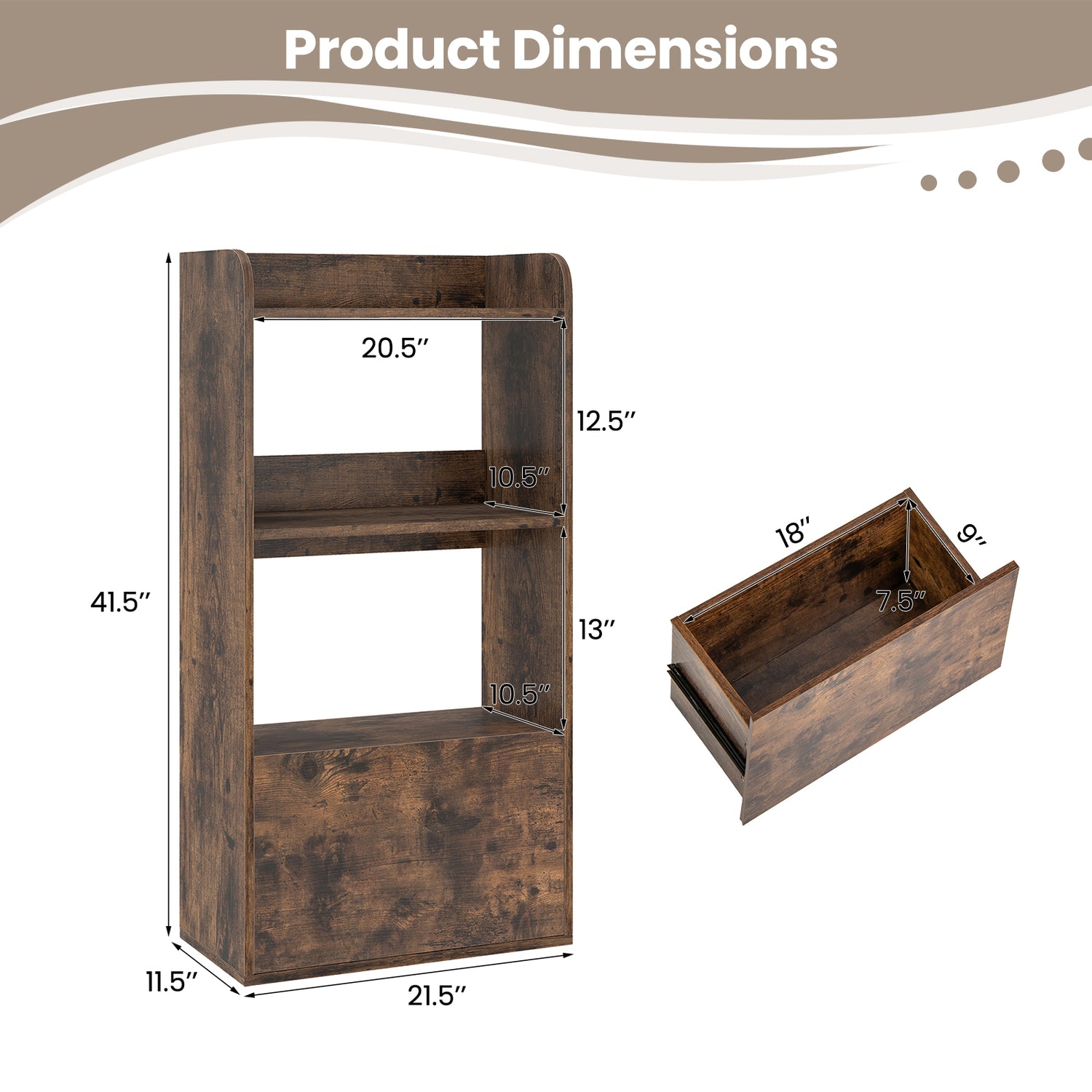 Freestanding Bookshelf with 3-Tier Open Shelf-Rustic Brown