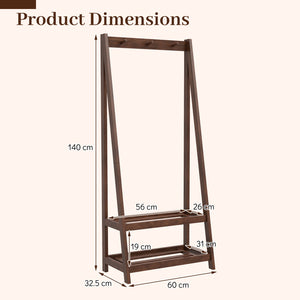 Freestanding Clothes Rack with 3 Hooks and 2 Shelves-Walnut
