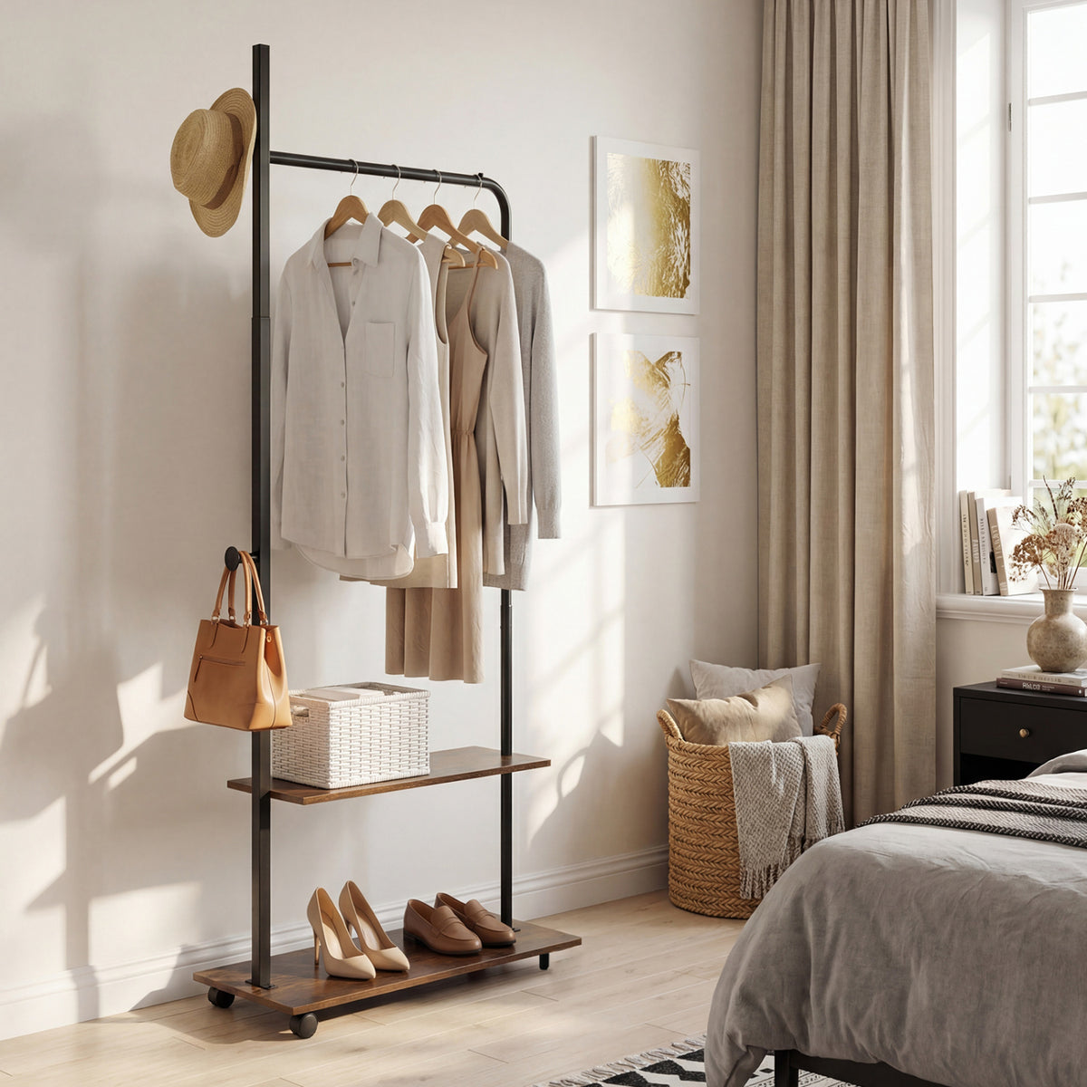 Freestanding Clothing Rack with Wheels and Storage Shelves for Entryway and Bedroom-Rustic Brown