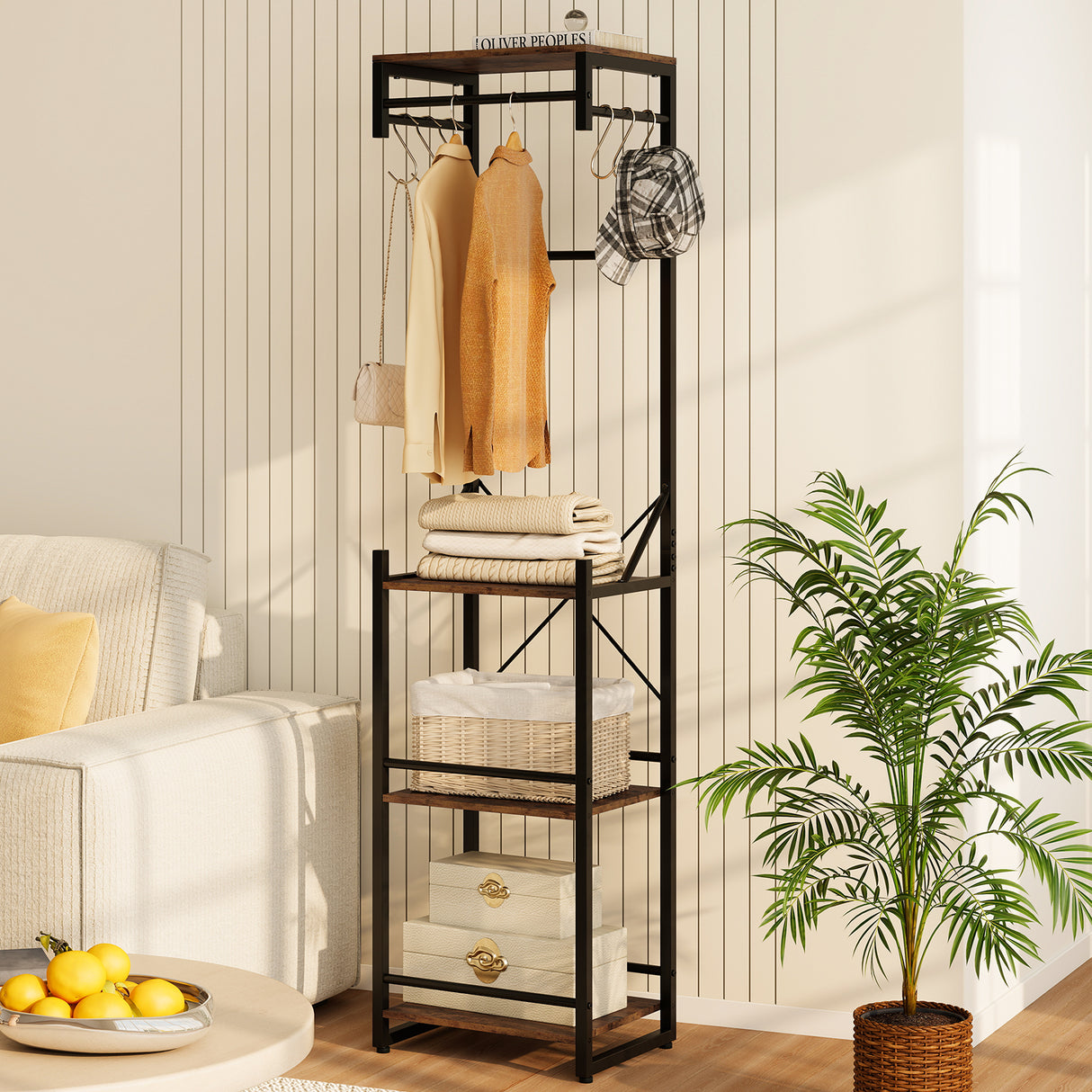 Freestanding Coat Rack with 4 Storage Shelves and 6 Hooks-Rustic Brown