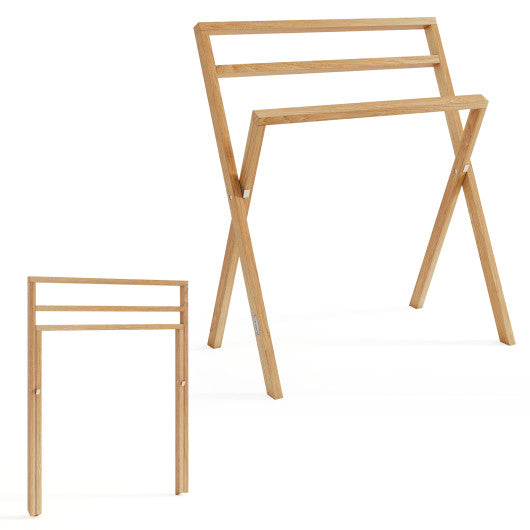 Freestanding Foldable Teak Wood Towel Rack with 3 Hanging Crossbars