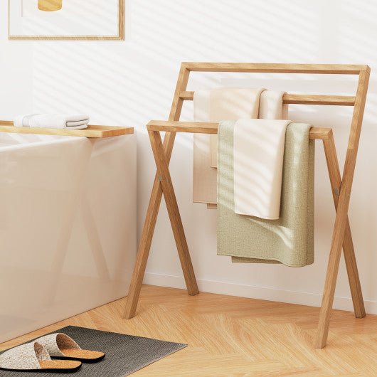 Freestanding Foldable Teak Wood Towel Rack with 3 Hanging Crossbars