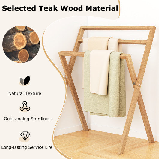 Freestanding Foldable Teak Wood Towel Rack with 3 Hanging Crossbars