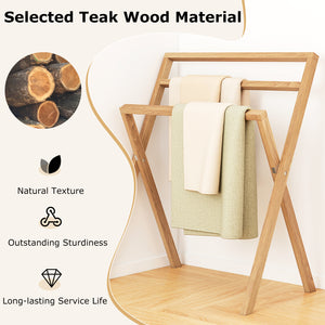Freestanding Foldable Teak Wood Towel Rack with 3 Hanging Crossbars