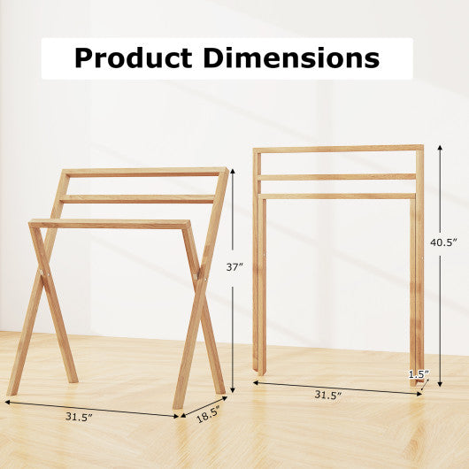 Freestanding Foldable Teak Wood Towel Rack with 3 Hanging Crossbars