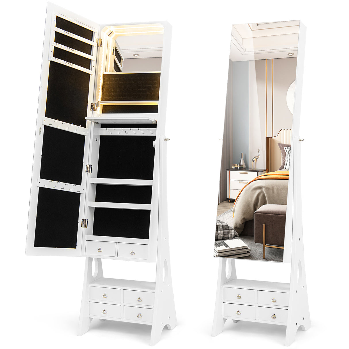Freestanding Full Length LED Mirrored Jewelry Armoire with 6 Drawers-White